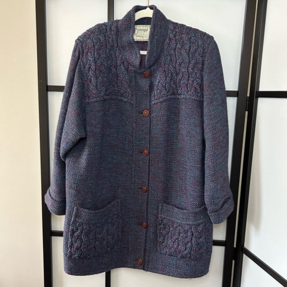 Donegal Design Purple Green & Blue Tweed Long Button Down Trench Coat